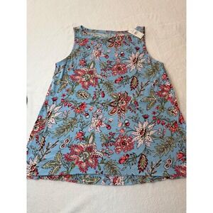 LOFT Floral Sleeveless Tank Top Blue Cotton Slub Knit Boat Neck NWT Large
